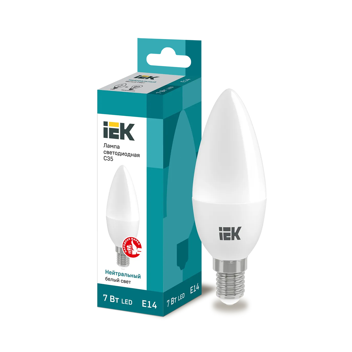 Лампа светодиодная (led) "iek" c35 свеча 07w 4000 к e14, нейтрал. свет (10/100)
