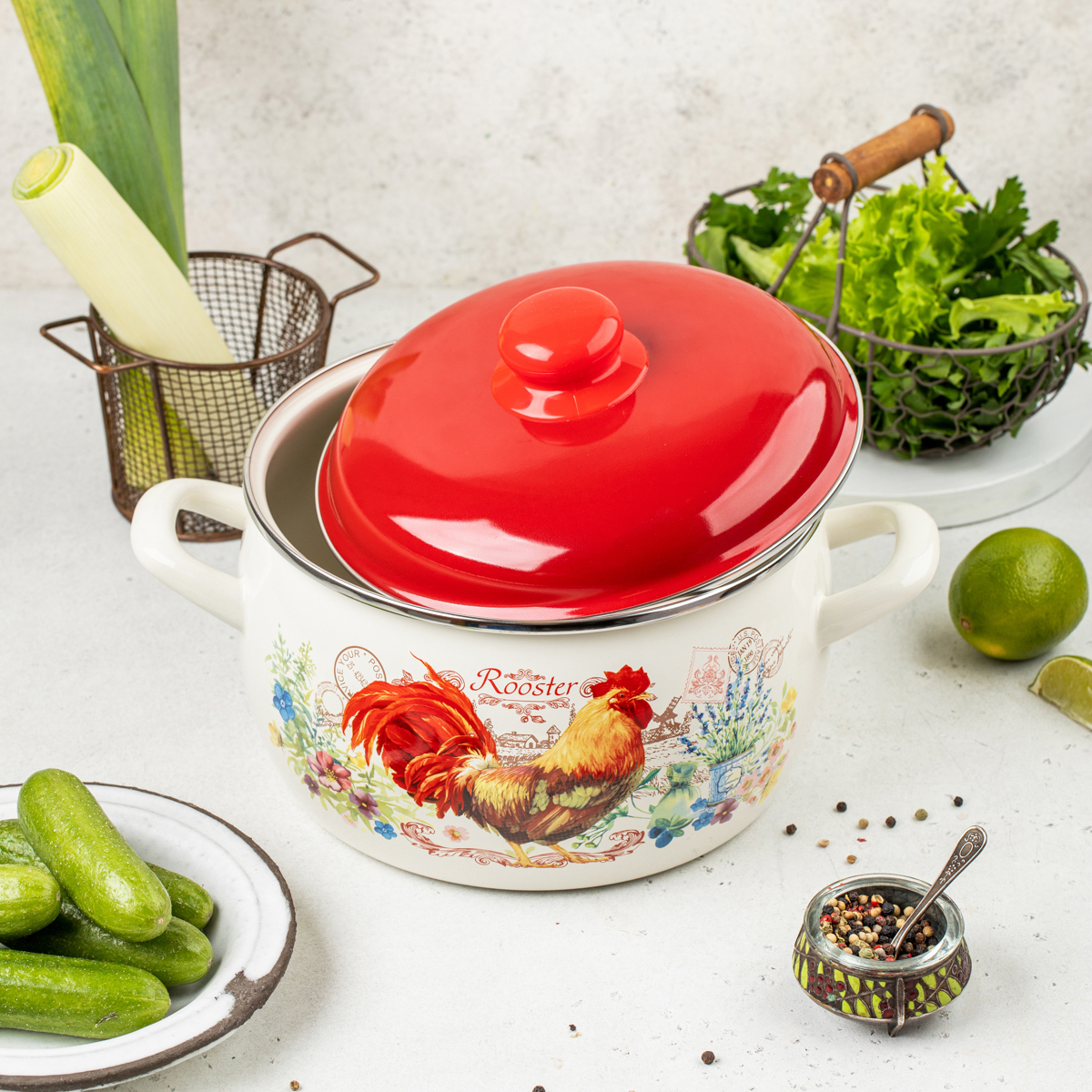 Кастрюля эмалиров. "золотой петушок" 5,3 л, 22 см металл. крышка (1/4) "metrot"