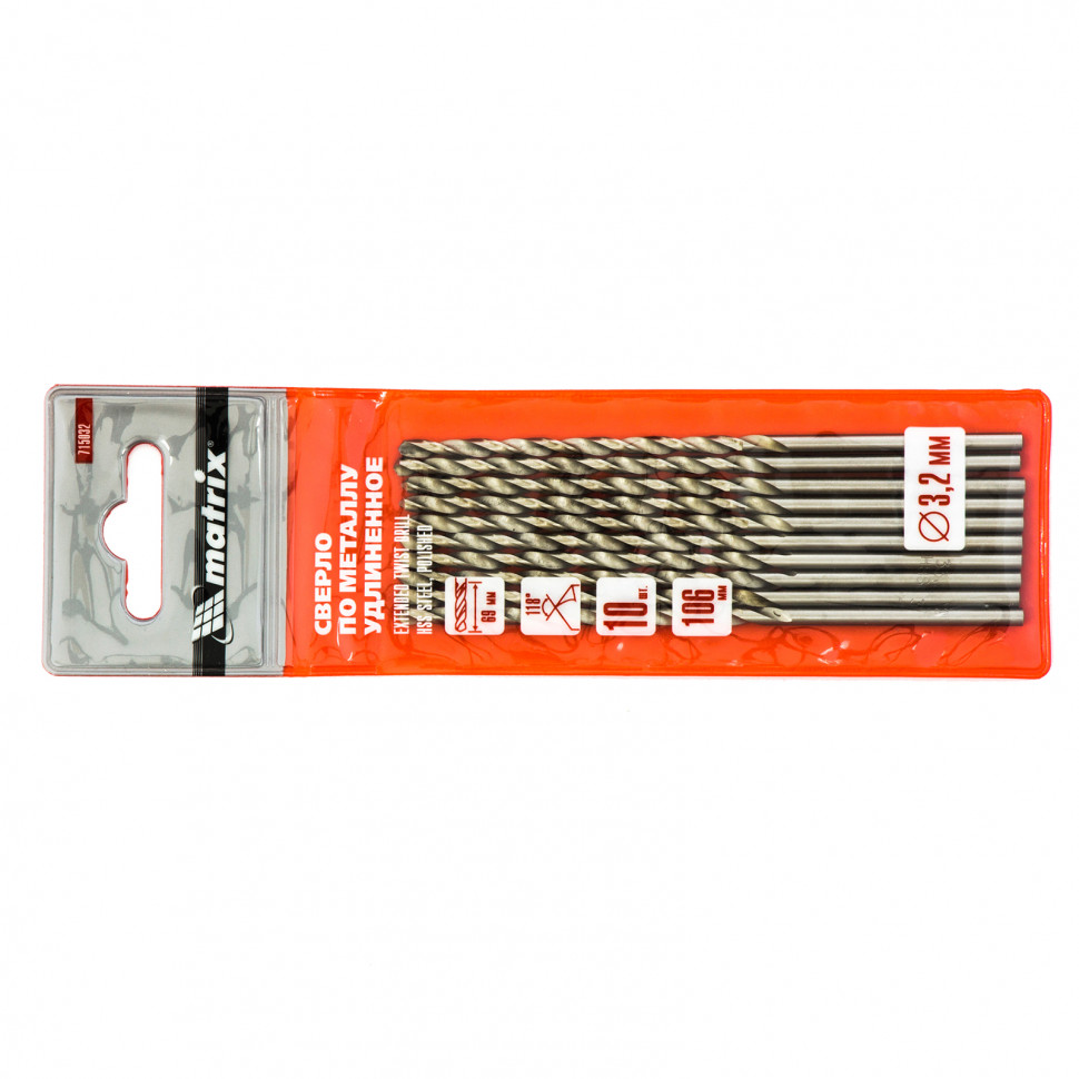 Сверло по металлу, 3.2 х 106 мм, полированное, удл, HSS, 10 шт, цилиндрический хвостовик Matrix (715032)