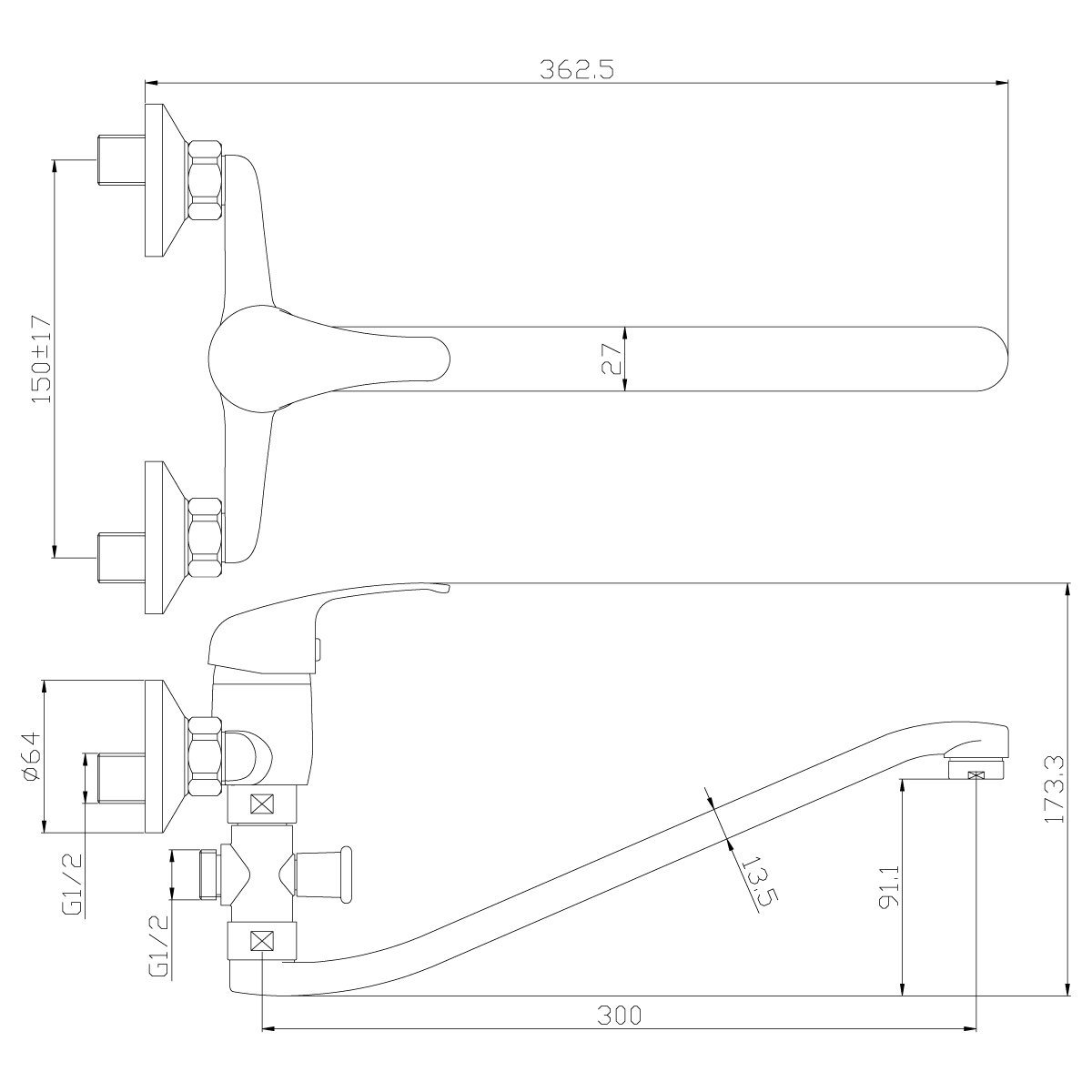 Смеситель для ванн  y35-35  s-образн. плоский излив (1/12) "rossinka"