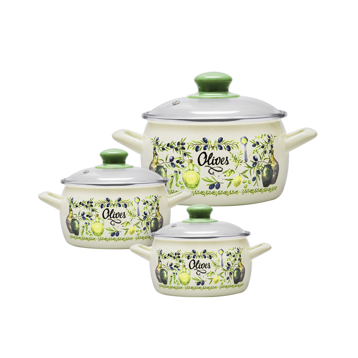 Набор кастрюль эмалиров. "олива" (2,2 + 3 + 5,3 л) (1) "metrot"