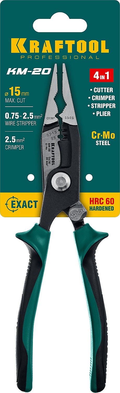 KRAFTOOL KM-20, резка, d 15мм, зачистка 0.75 - 2.5 мм2, клещи многофункциональные (23336-20)