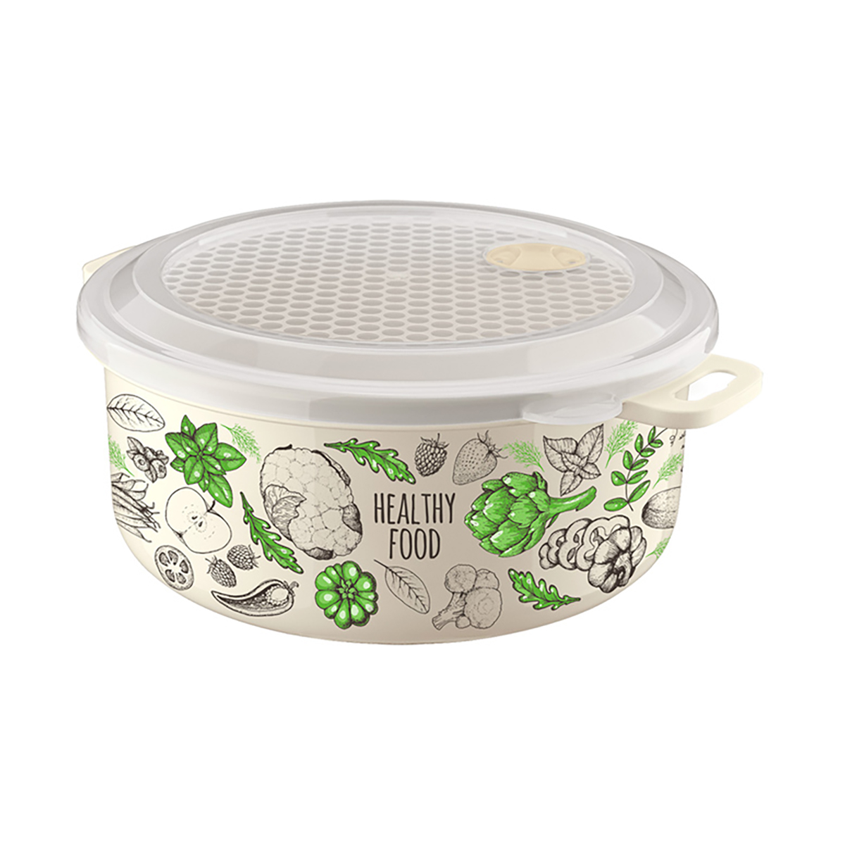 Контейнер для свч и холодильника круглый с декором 0,95 л (бежевый) (1/20) "бытпласт"