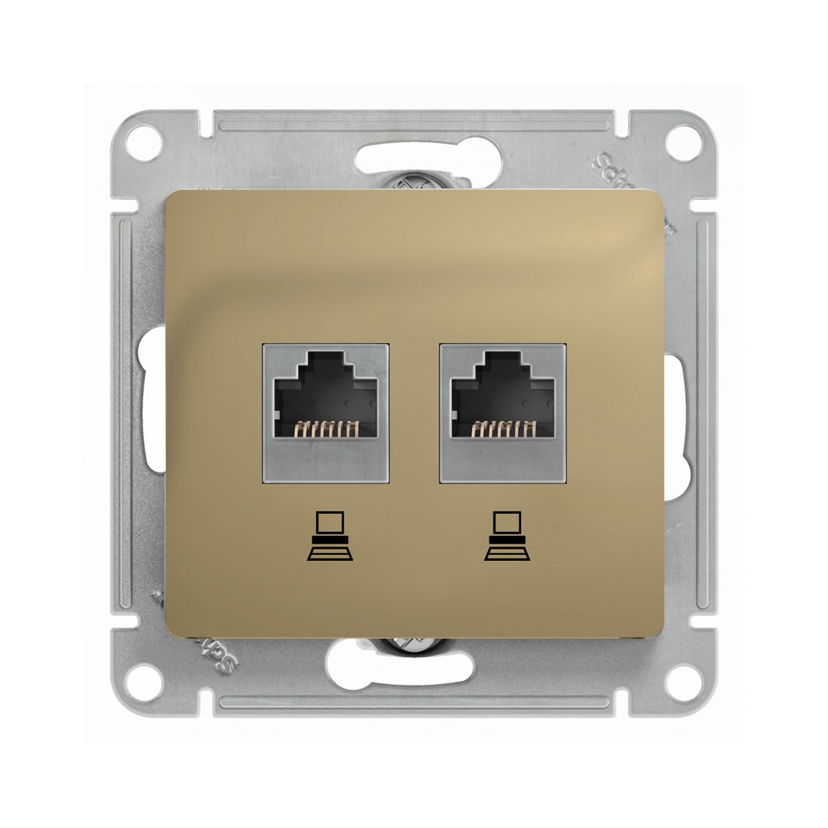 Розетка компьютерная "glossa" 2-х местн. rj45+rj45 (механизм) титан (1/10/160) "schneider"