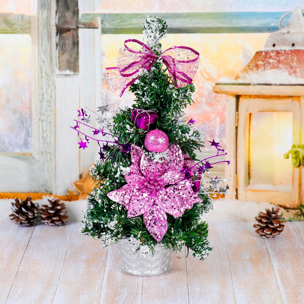 Ель декор. "зимний лес" 27 см (зеленая, украшения сиреневые) "зимнее волшебство" 4322931