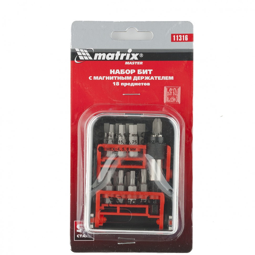Набор бит, адаптер для бит, сталь S2, 18 предметов, пластиковый кейс Matrix (11316)