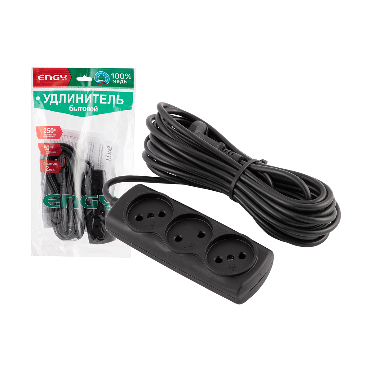 Удлинитель "engy премиум"  7 м, 3 розетки (пвс 2 х 0,75) черный (1/30)