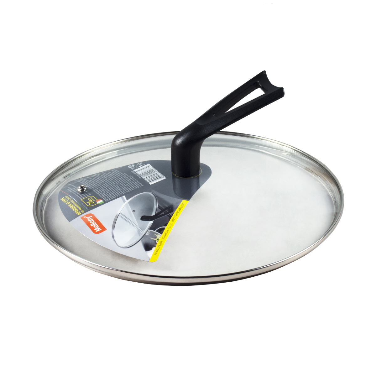 Крышка стеклянная 26 см, ручка g-type, металл. ободок, паровыпуск (1/8) "mallony"