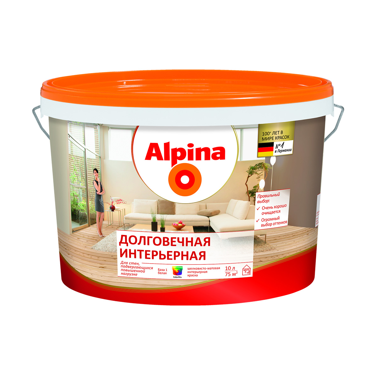 Краска интерьерная "долговечная" база 1 (белая) 10 л (1) "alpina"