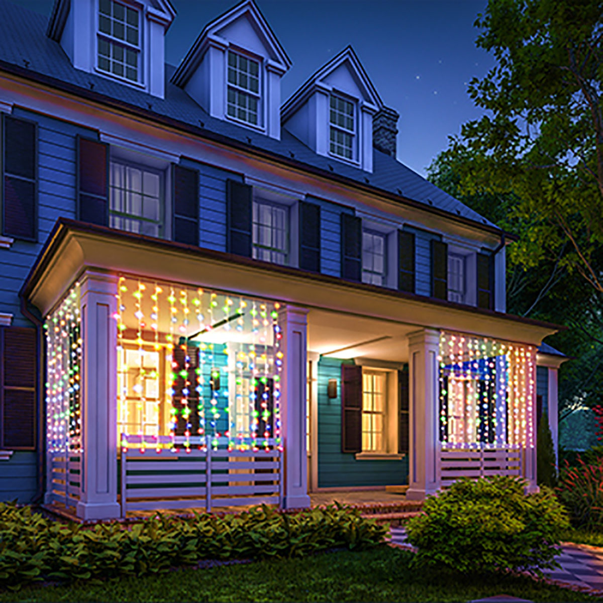 Электрогирлянда "занавес" 1,5*1,5 м, 96 разноцв. ламп, 6 нитей, 8 реж., блок питания (1/4) "vegas"