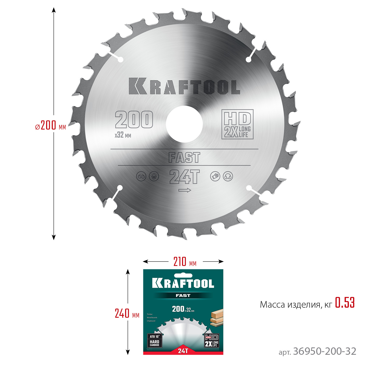 KRAFTOOL Fast, 200 х 32 мм, 24Т, пильный диск по дереву (36950-200-32)