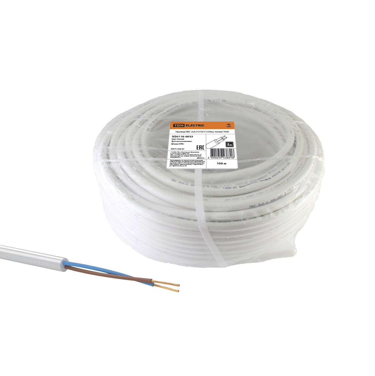 Провод пвс 2 х 0,75 мм² гост (бухта 100 м) белый (1) tdm sq0118-0033