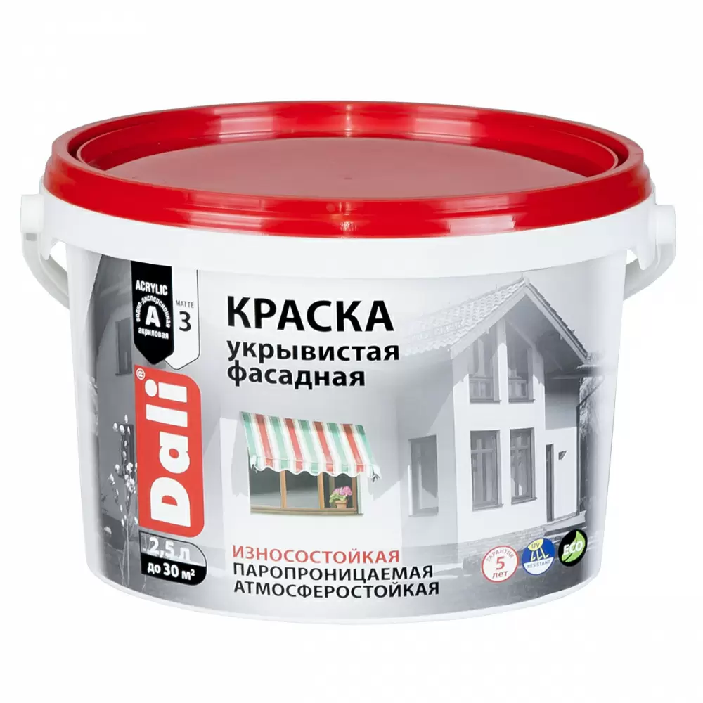 Dali краска Укрывистая фасадная акриловая, белый (2,5л)