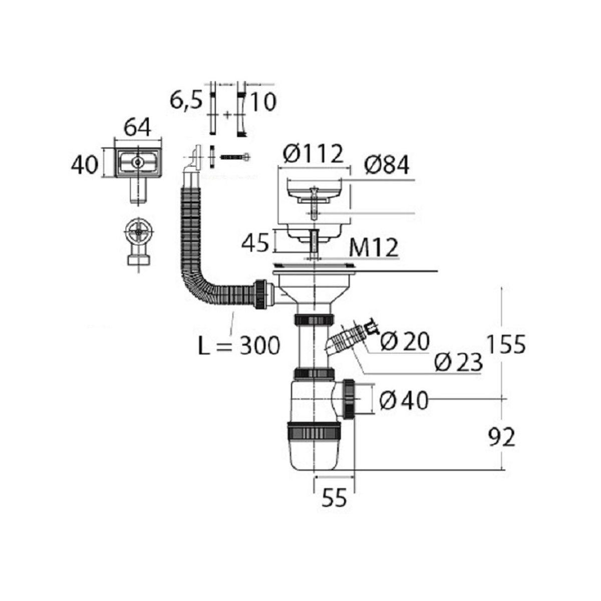 Сифон "элит" с нерж. чашкой 114 мм с отводом, с круглым и прямоуг. переливами (1/25) "вирпласт"