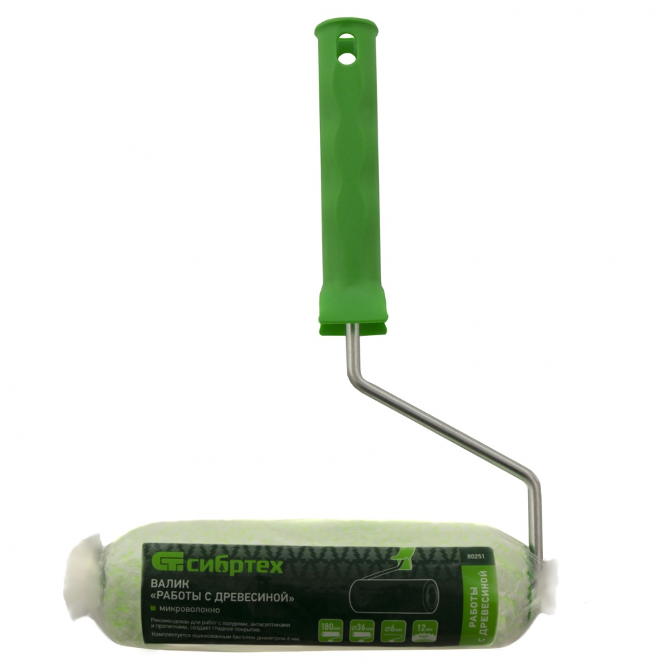 Валик "Работы с древесиной", 180 мм, ворс 12 мм, D - 36 мм, D ручки - 6 мм, микроволокно Сибртех (80251)