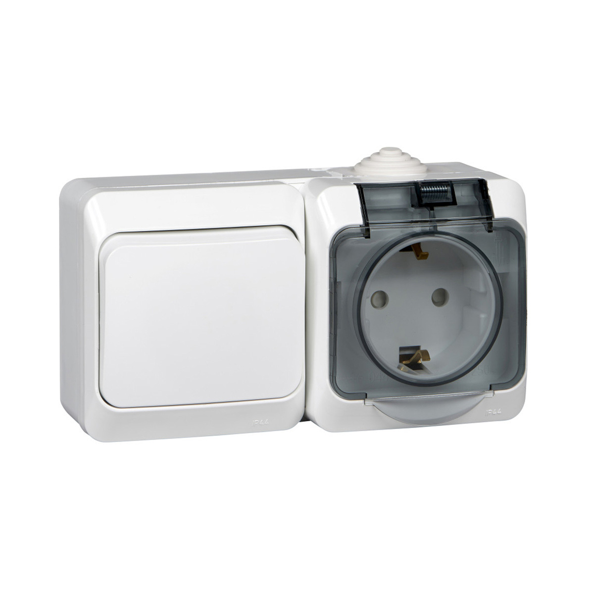 Блок комб. откр. уст. "этюд" ip44 1 кл. выкл. + розетка с шторк., белый (1/7/42) "schneider"