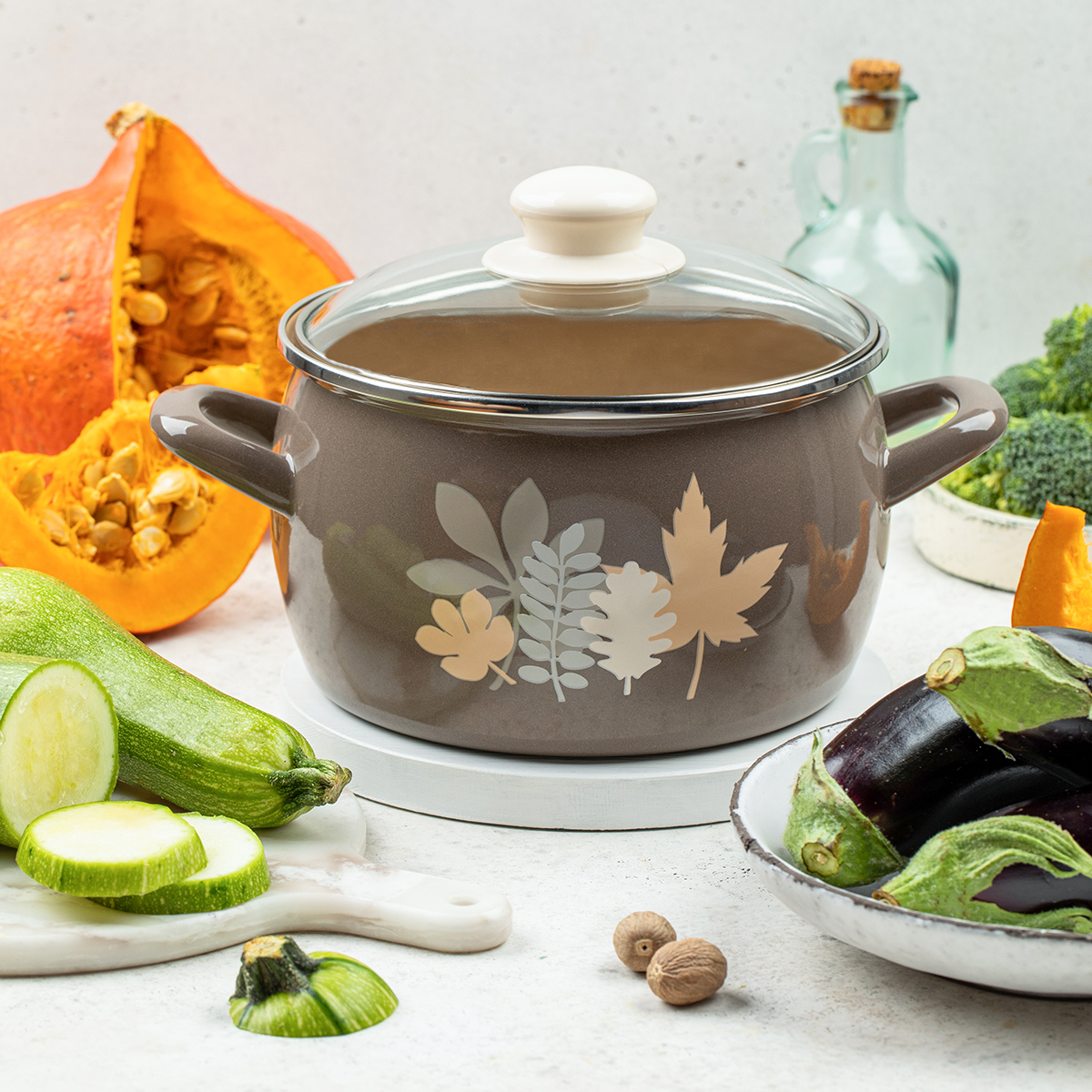 Кастрюля эмалиров. "осенняя соната" 3,3 л, 18 см стекл. крышка (1/6) "metrot"