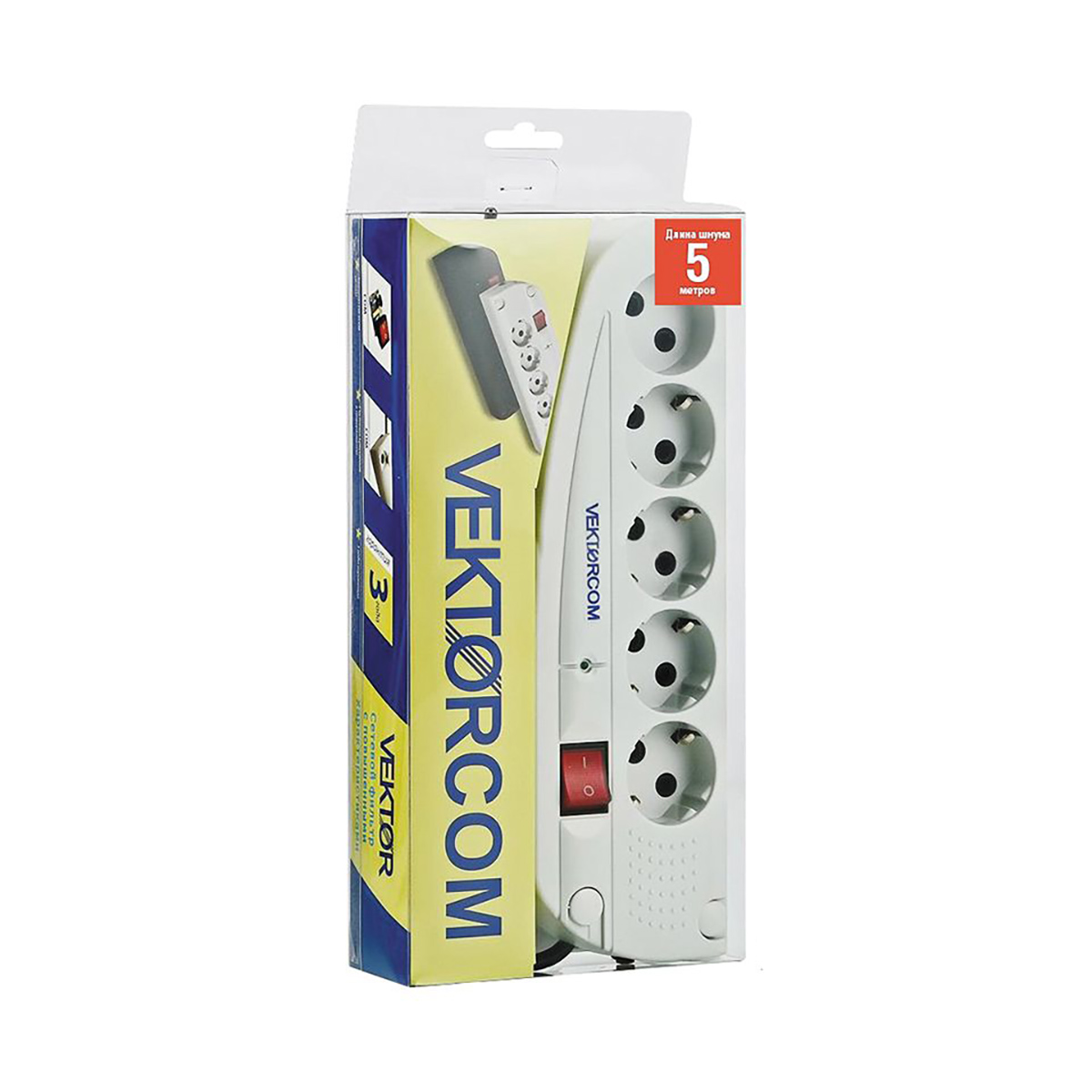 Фильтр сетевой "vektor сом" 5 м, 4 роз. с заземл. + 1 роз. без заземл., светло-серый (1/10)