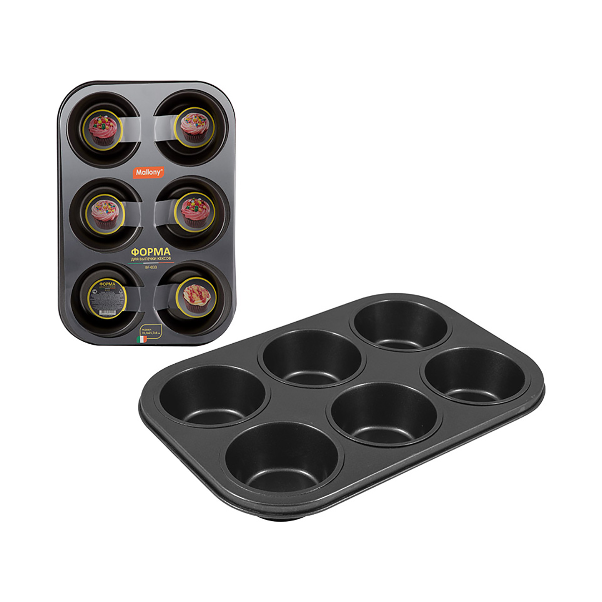 Форма для выпечки кексов антипригарн., 6 ячеек d=8 см,  31,3*21,7*4 см (1/24) "mallony" bf-033