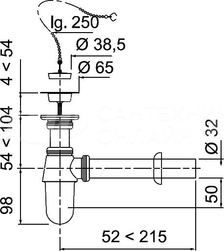 Сифон SL213 1 1/4 x 32 мм с выпуском, отвод с розеткой, пробка с цепочкой, хром WIRQUIN