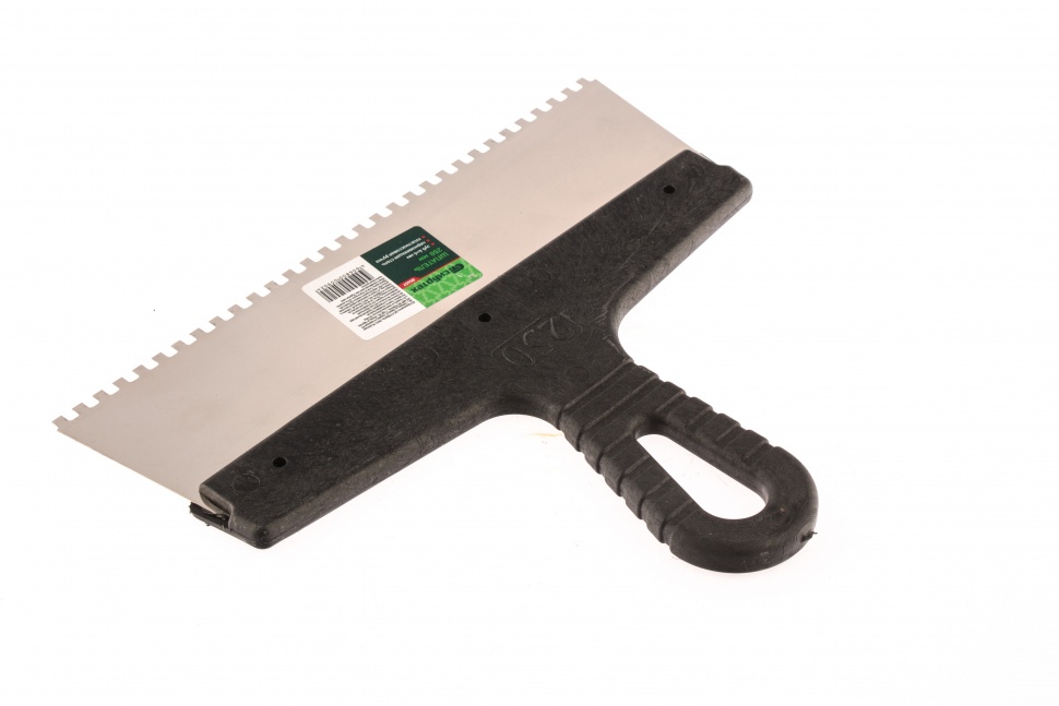 Шпатель из нержавеющей стали, 250 мм, зуб 4 х 4 мм, пластмассовая ручка Сибртех (85457)