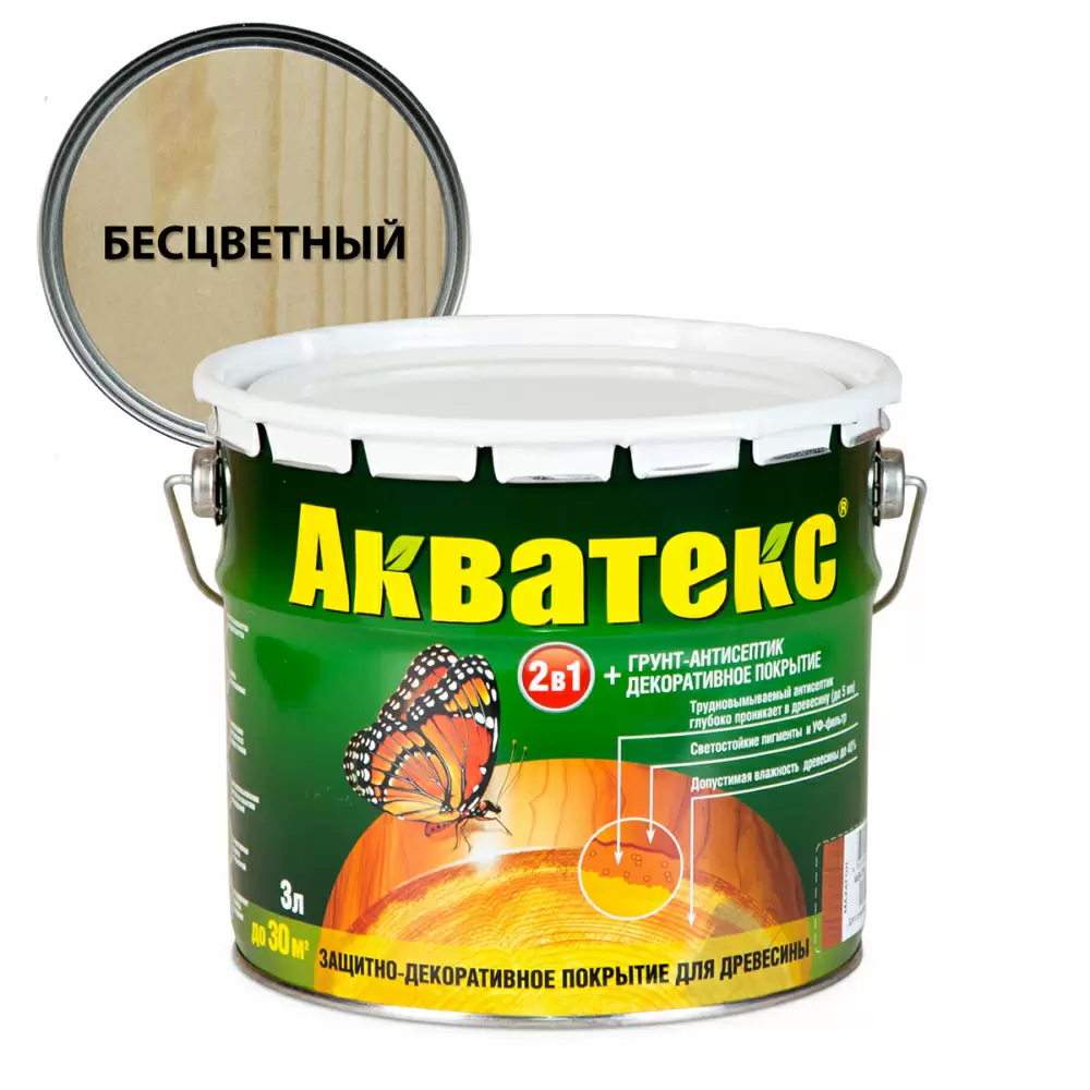 Акватекс 2 в 1 грунт-антисептик алкидный полуматовый лессирующий, бесцветный (3л)
