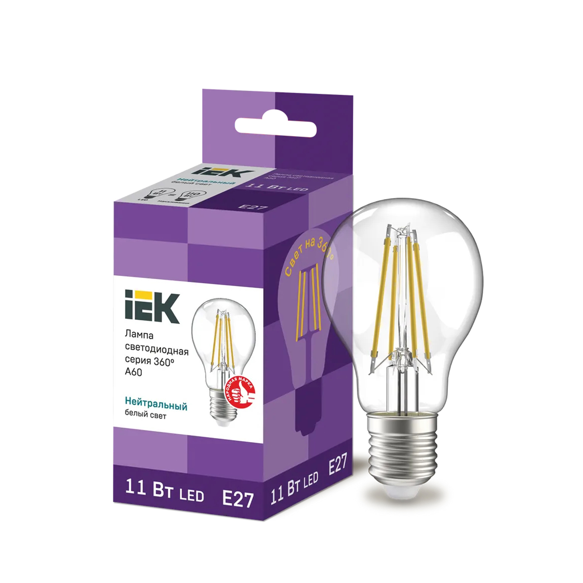 Лампа светодиодная (led) "iek" a60 шар прозр. 11w 4000 к e27 серия 360°, нейтрал. свет (10/100)