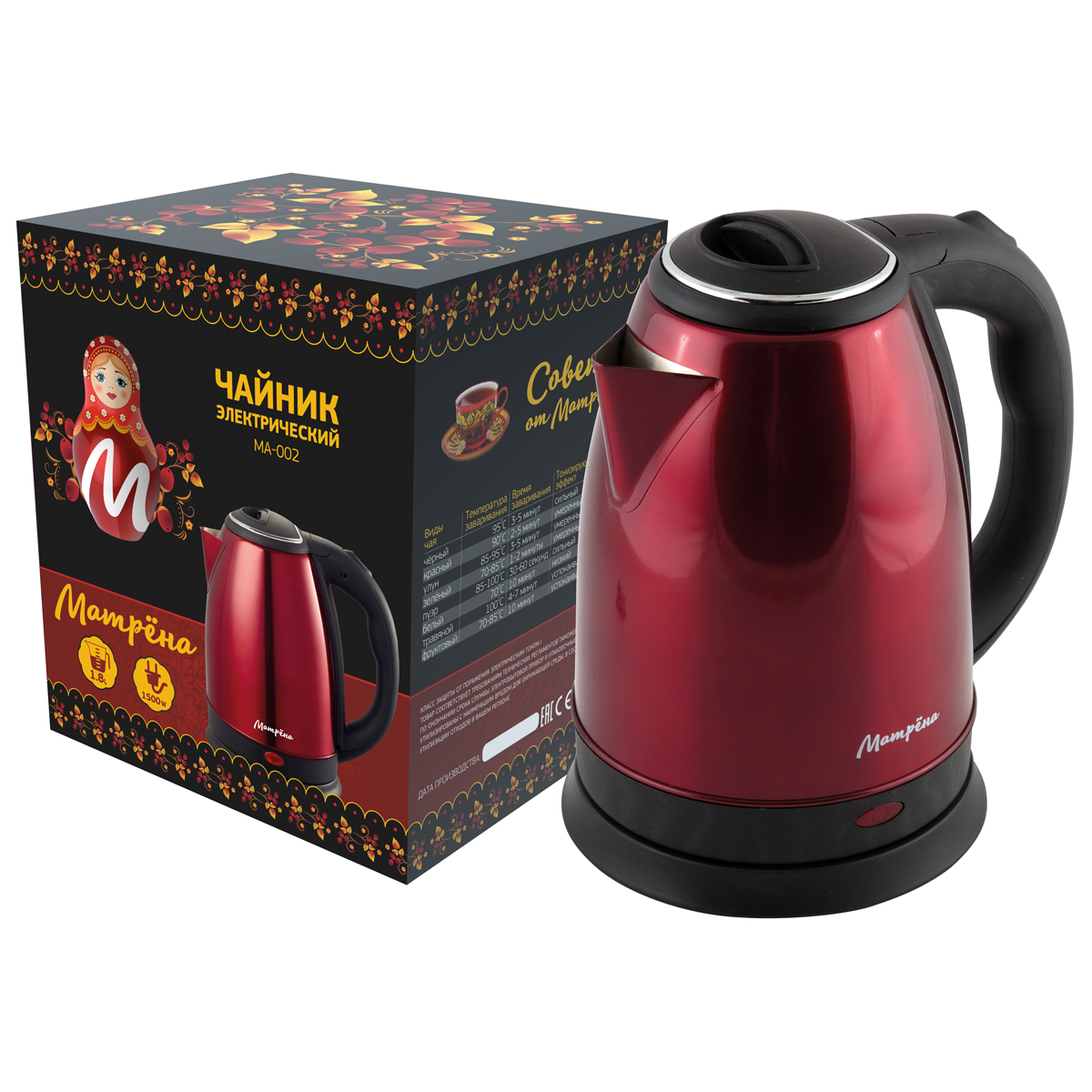 Чайник электр. "матрёна" ma-002 1,8 л (1/12) сталь (красный)