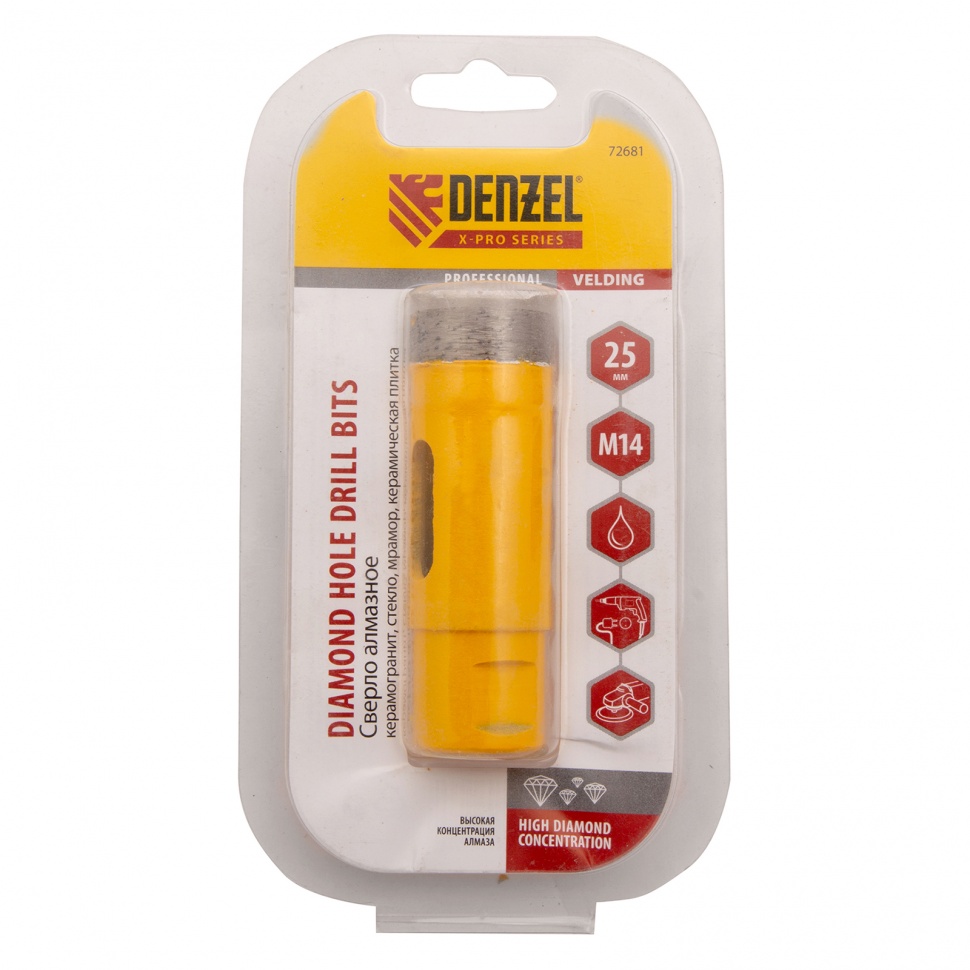 Сверло алмазное по керамограниту, 25 мм, мокрая резка, М14 Denzel (72681)