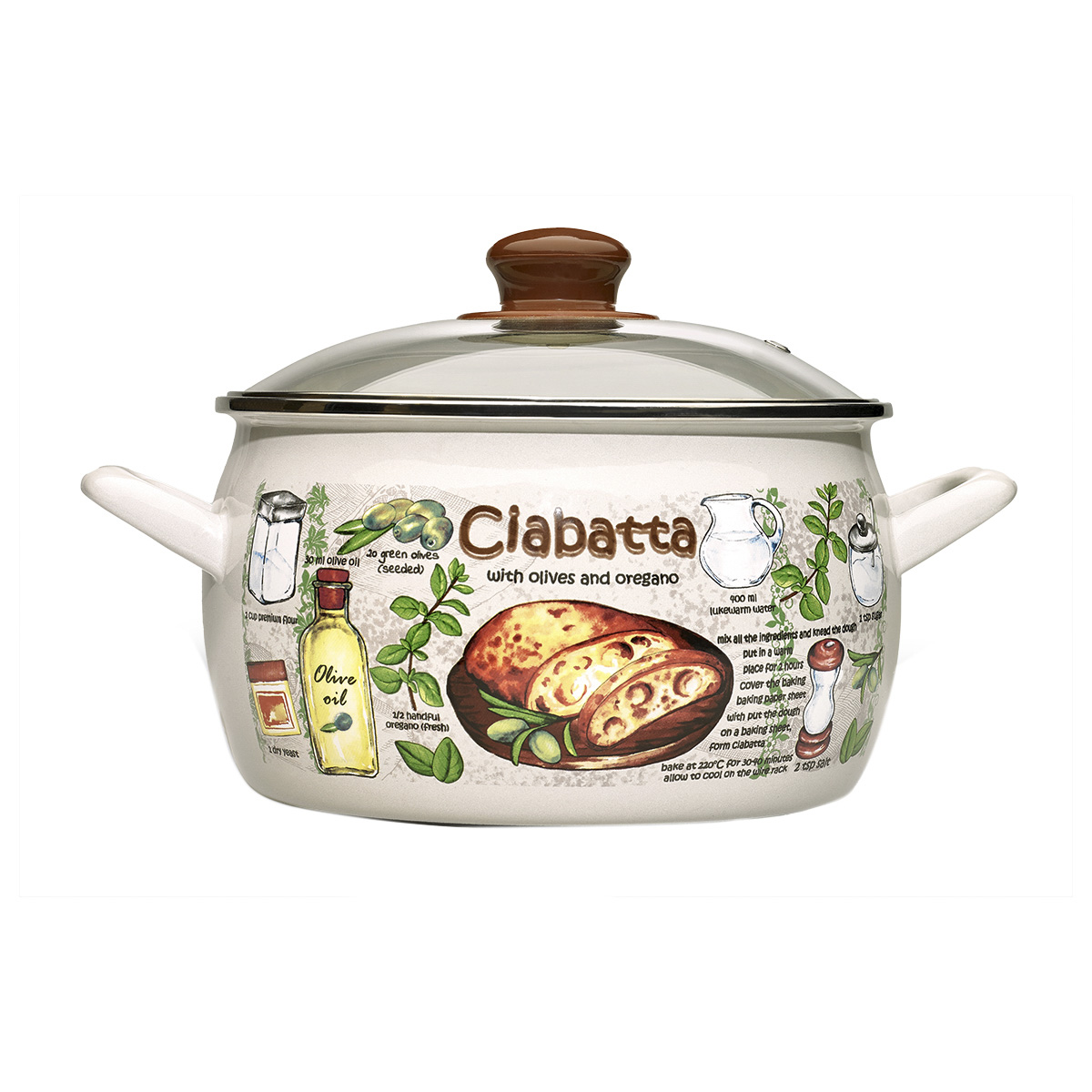 Кастрюля эмалиров. "чиабатта" 3,3 л, 18 см стекл. крышка (1/6) "metrot"