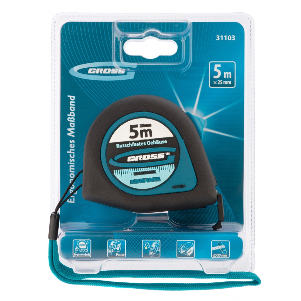 Рулетка "Ergonomisch", 5 м x 25 мм, магнитный обрезиненный зацеп Gross (31103)