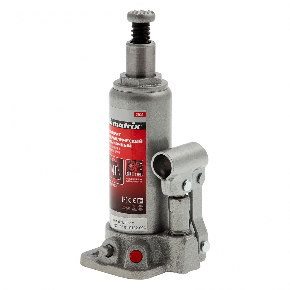 Домкрат гидравлический бутылочный, 4 т, высота подъема 194-372 мм, в пластиковый кейсе Matrix (50754)