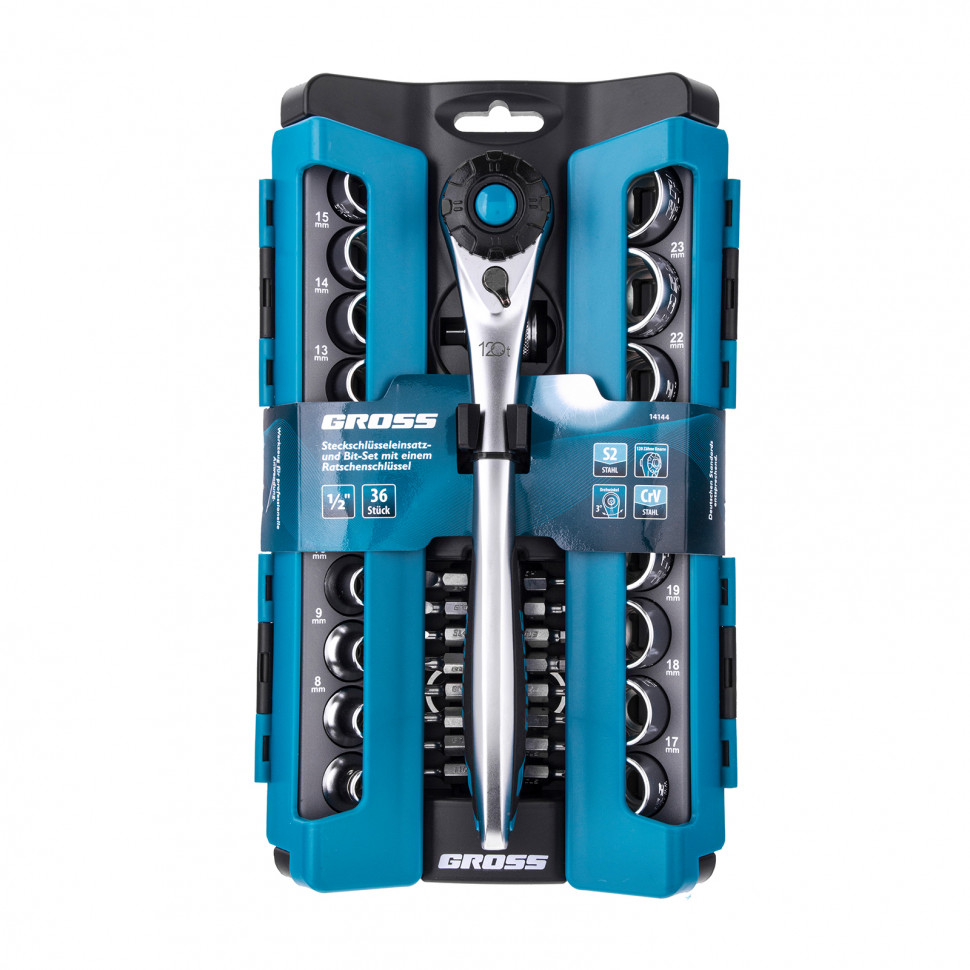 Набор торцевых головок, трещотка 120 зубьев, 36 предметов, 1/2", CrV Gross (14144)