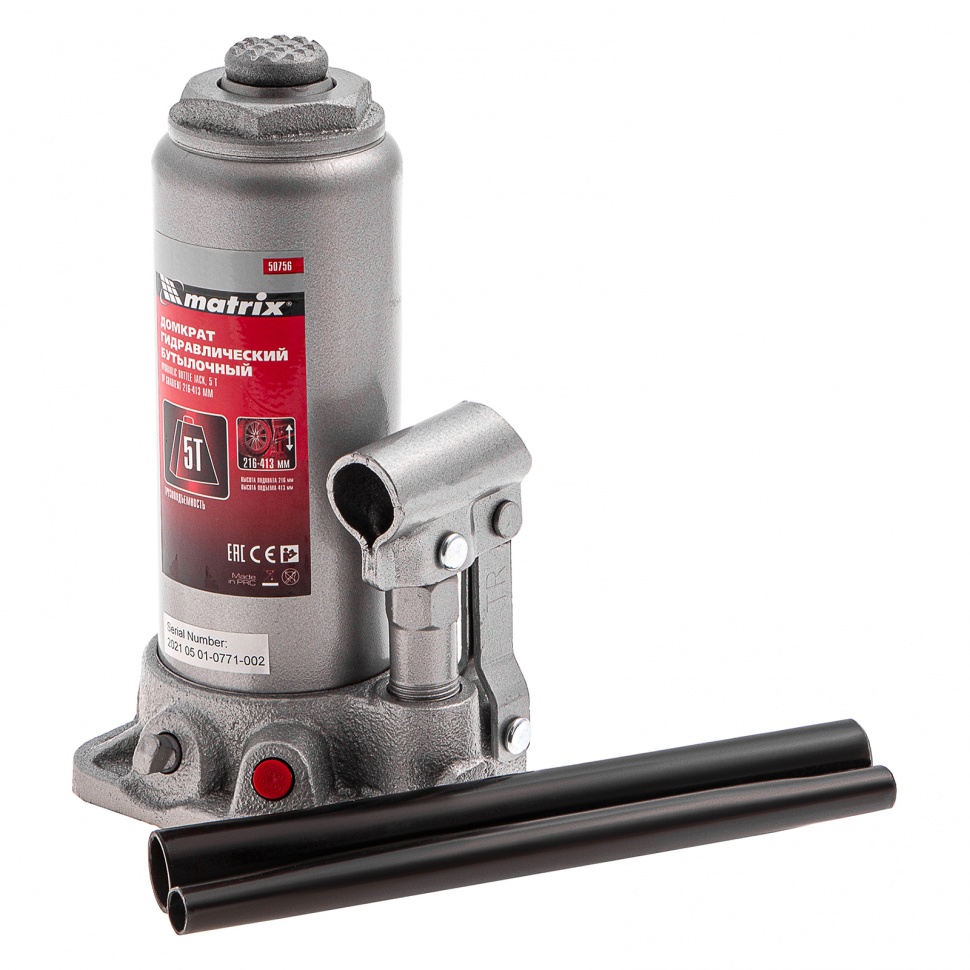 Домкрат гидравлический бутылочный, 5 т, высота подъема 216-413 мм, в пластиковый кейсе Matrix (50756)