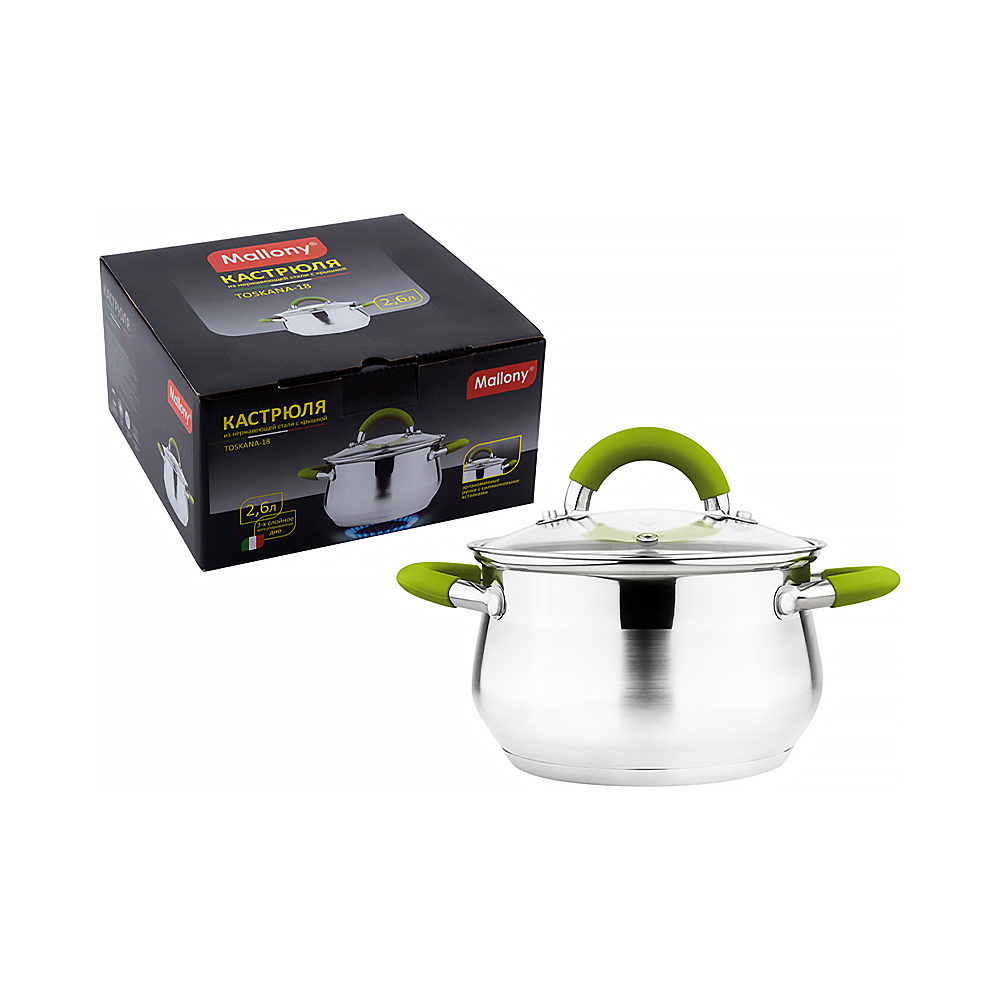Кастрюля нержав. "toskana"  2,6 л стекл. крышка, ручки сталь+силикон, капсул. дно (1/8) "mallony"