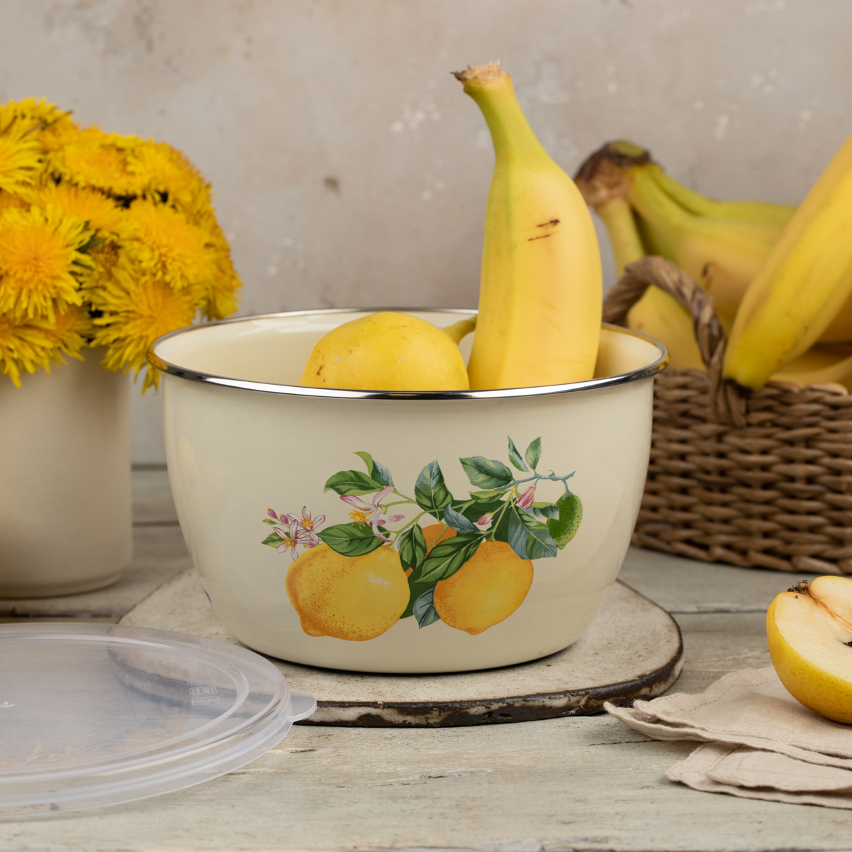 Миска эмалиров. "лимоны" 1,1 л, 14 см пласт. крышка (1/4) "metrot"