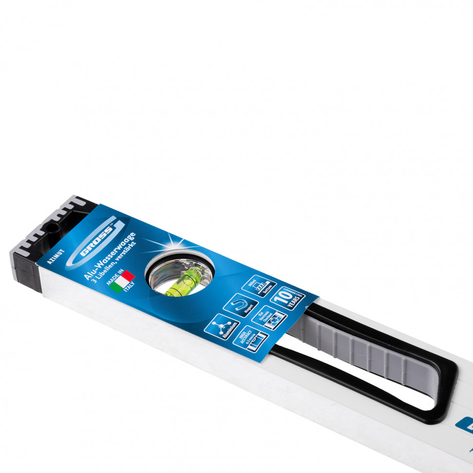 Уровень алюминиевый, 600 мм, усиленный, рукоятки, фрезерованный, 3 глазка, магнитный Gross (34370)