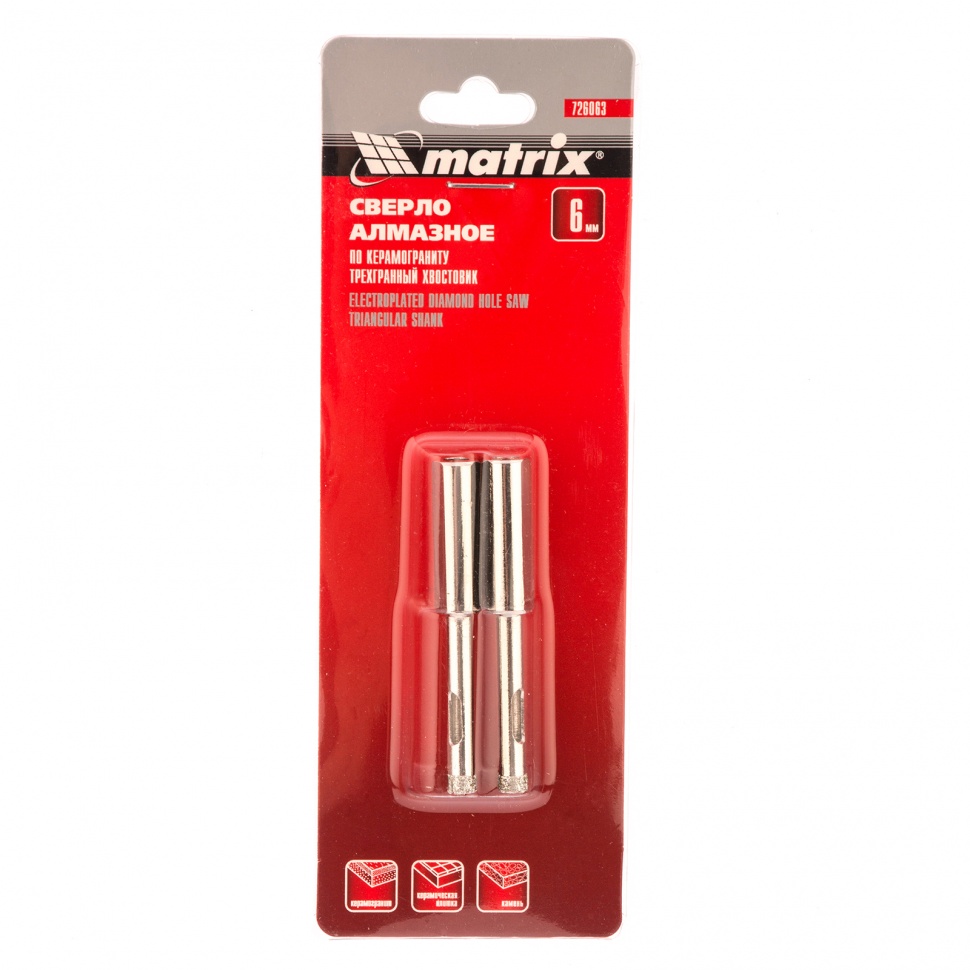 Сверло алмазное по керамограниту, 6 х 67 мм, трехгранный хвостовик, 2 шт Matrix (726063)