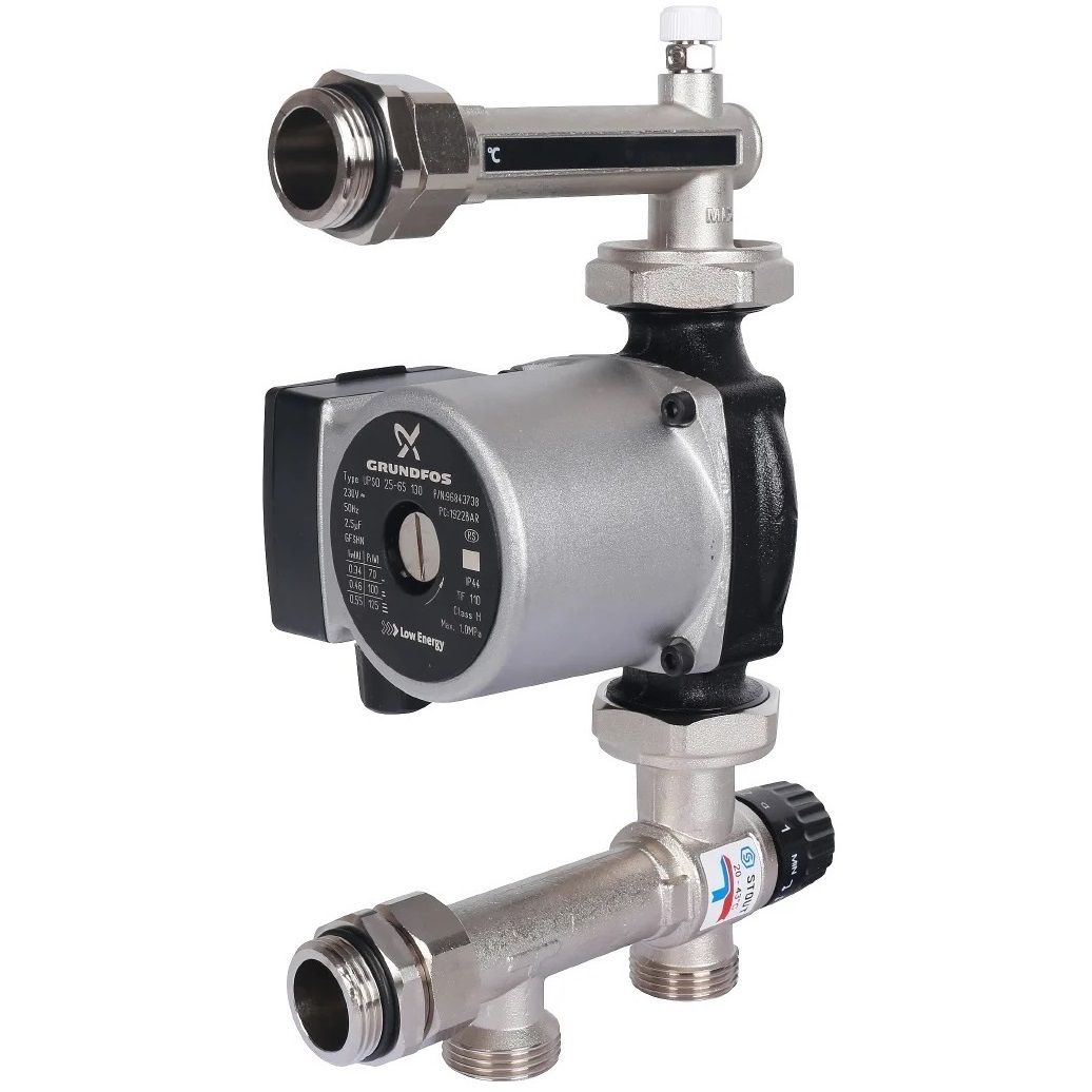 Смесительный узел STOUT 1" с термостатическим клапаном и насосом, никелированный