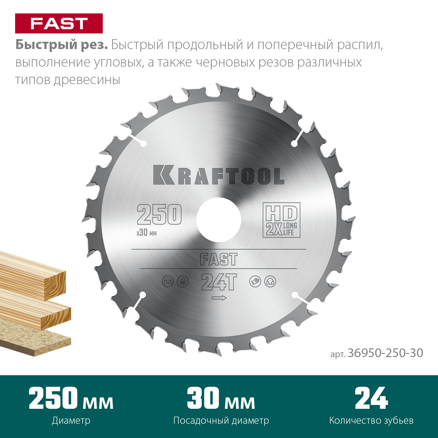 KRAFTOOL Fast, 250 х 30 мм, 24Т, пильный диск по дереву (36950-250-30)