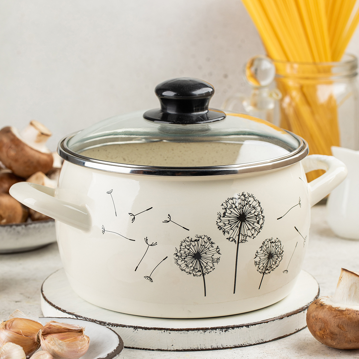 Кастрюля эмалиров. "одуванчик" 7,9 л, 24 см стекл. крышка (1/4) "metrot"