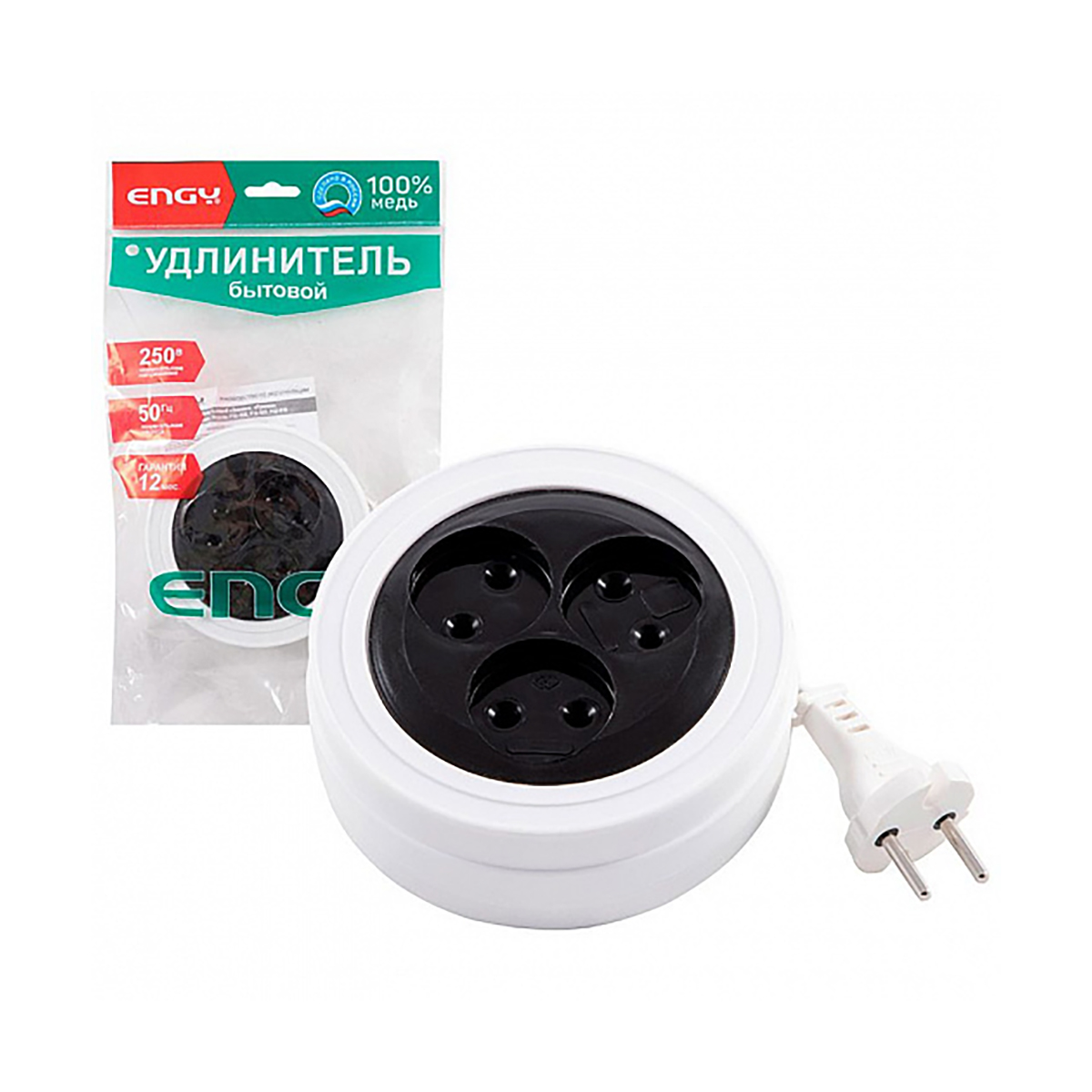 Удлинитель рулетка "engy" 3 м, 3 розетки (шввп 2 х 0,75) (1/40)