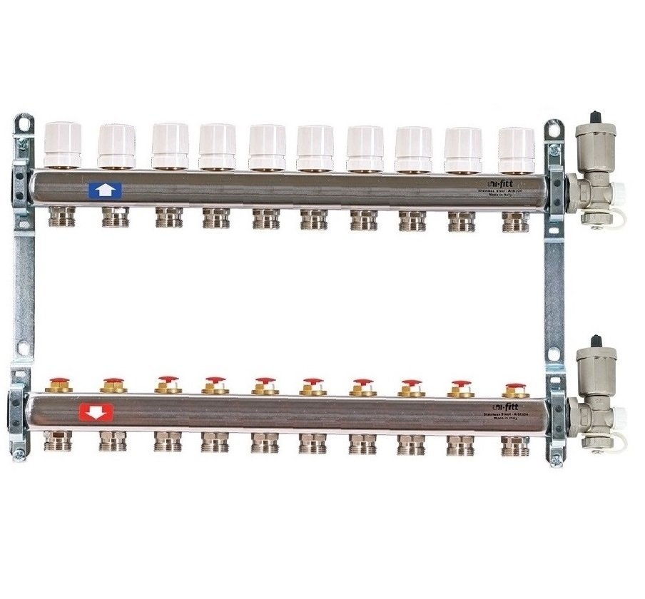 Колл. группа 1"x3/4" ЕК 10 выходов UNI-FITT с вентилями и воздухоотводчиками - нерж.сталь