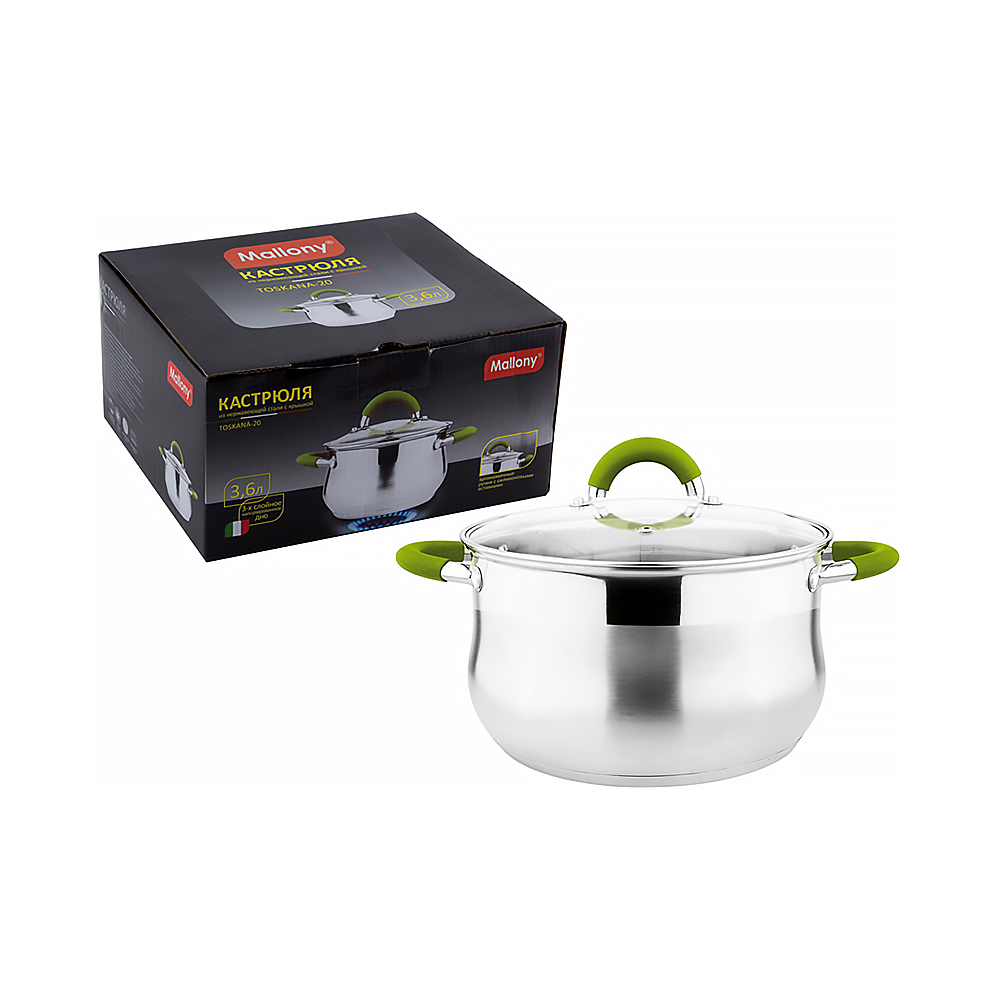Кастрюля нержав. "toskana"  3,6 л стекл. крышка, ручки сталь+силикон, капсул. дно (1/6) "mallony"
