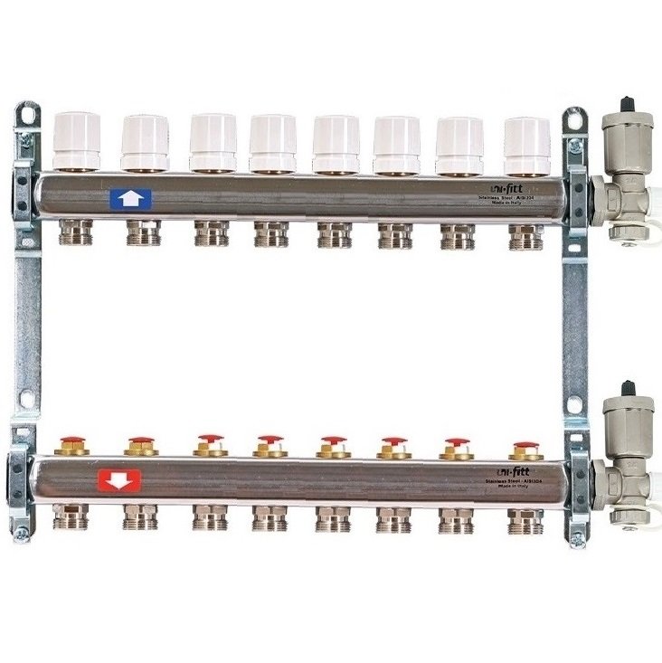 Колл. группа 1"x3/4" ЕК 8 выходов UNI-FITT с вентилями и воздухоотводчиками - нерж.сталь