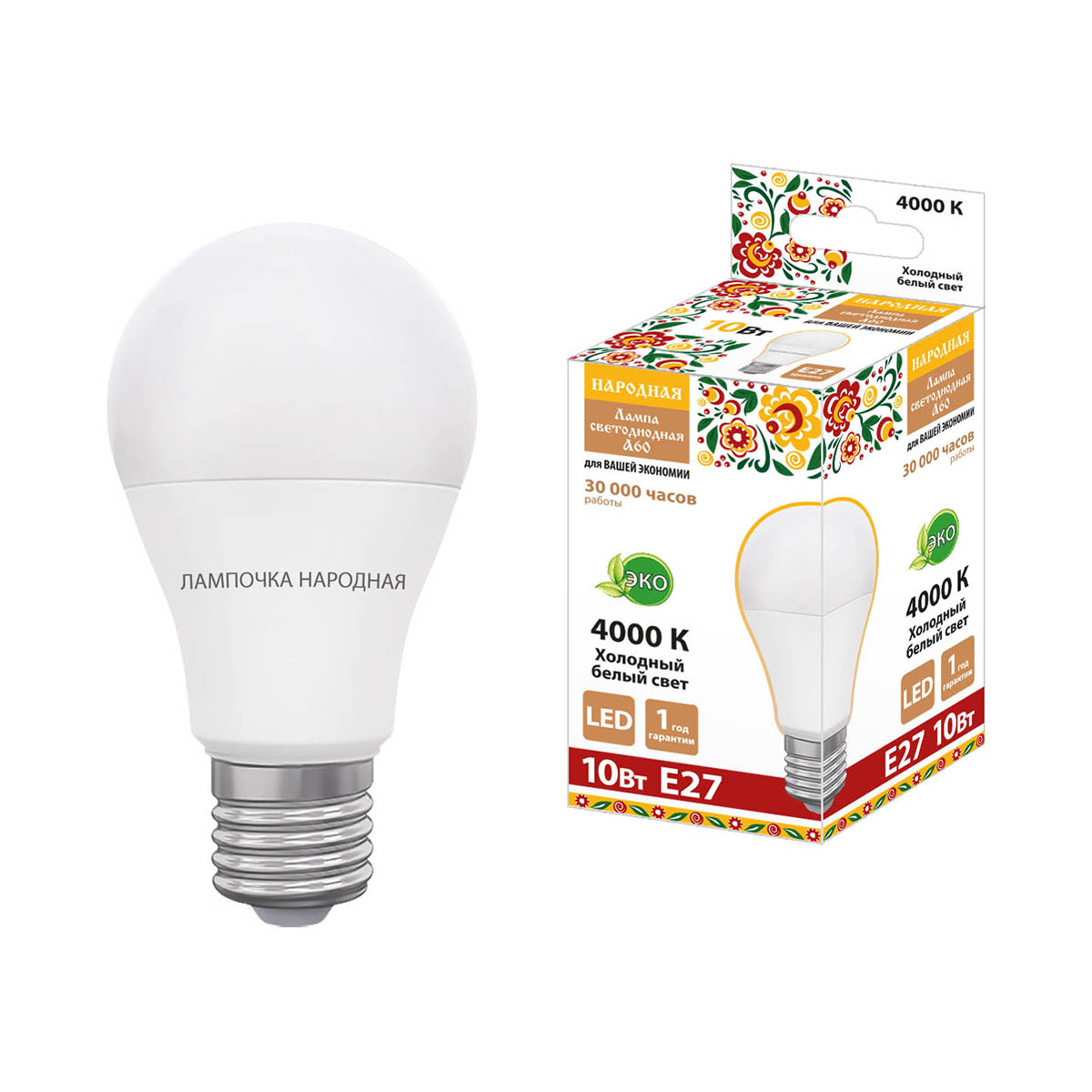 Лампа светодиодная a60 груша 10w 4000 к е27 холодн. свет (10/100) народная sq0340-1627