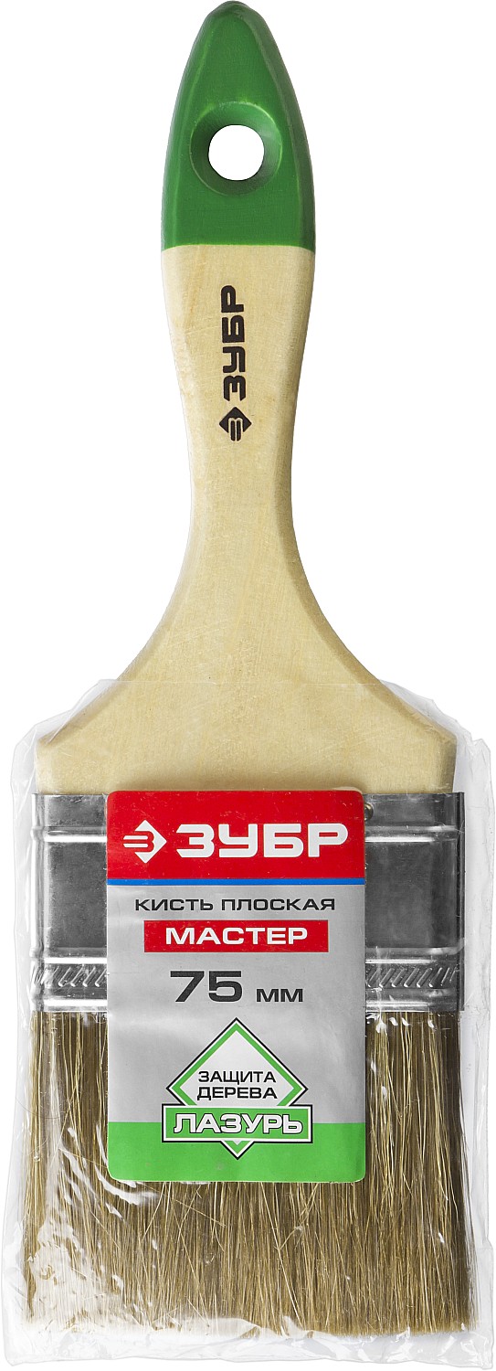 ЗУБР ЛАЗУРЬ, 75 мм, 3″, светлая смешанная щетина, деревянная ручка, плоская кисть (4-01009-075)