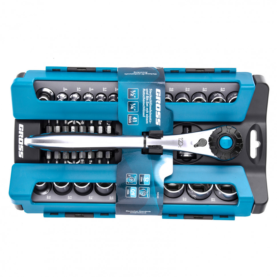 Набор торцевых головок, трещотка 120 зубьев, 41 предмет, 1/2", 1/4", CrV Gross (14143)