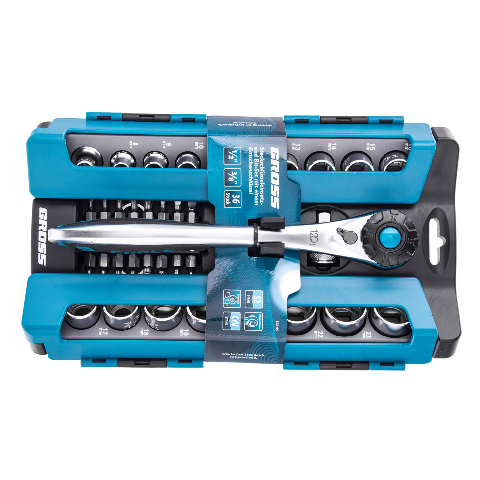 Набор торцевых головок, трещотка 120 зубьев, 36 предметов, 1/2", 3/8”, CrV Gross (14145)