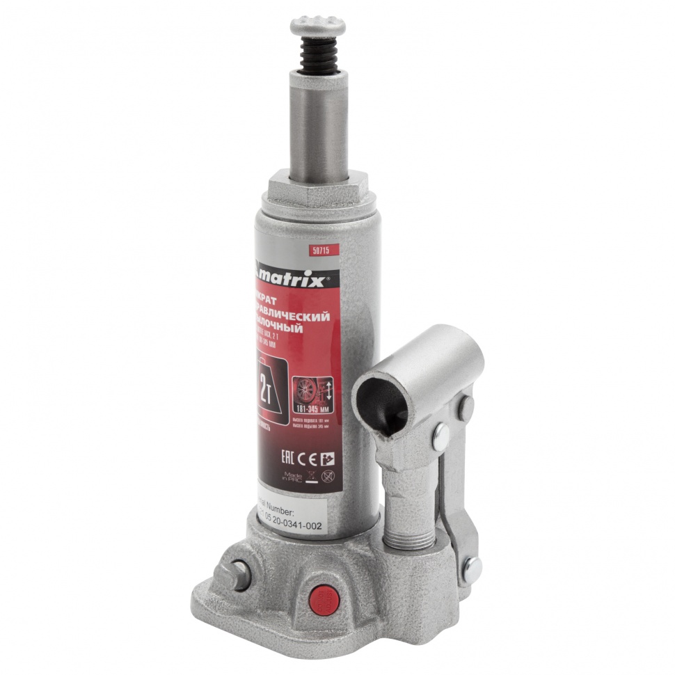 Домкрат гидравлический бутылочный, 2 т, высота подъема 181-345 мм Matrix (50715)